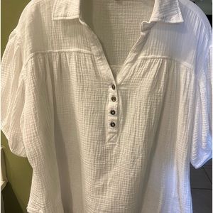 Easel White Gauze Top Sz L collar, buttons, puff sleeves, raw distressed hem EUC